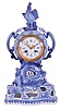 France, earthenware mantel clock, the openwork base with emerging dragon, case sides with giant salamanders, and surmounted by a crowing cock, decorated with blue transfer and free hand ornament in imitation of Canton porcelain, Roman numeral white enamel dial, gilt Louis XV style hands, and 8 day time and strike pendule de Paris movement