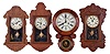 Clocks- 4 (Four): (1) Unmarked Ionic style reproduction wall clock with a spring driven movement in a mosaic wood case, c1990. (2) Colonial Mfg. Co., Zeeland, Mich., Wall hanging reproduction gingerbread clock with a 31 day time and strike movement in an oak case, c1976. (3) Colonial Mfg. Co., Zeeland, Mich., Wall hanging reproduction gingerbread clock with a 31 day time and strike movement in an oak case with an image of George Washington, c1976 (4) Colonial Mfg. Co., Zeeland, Mich., Wall hanging reproduction gingerbread clock with a 31 day time and strike movement in an oak case with an image of Colonial Soldiers marching and the term "1776- 1976", c1976.