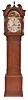 Pitt, Cetbury, England tall clock, 8 day, time and bell strike, weight driven movement in a mahogany case with broken arch top and painted iron dial depicting a hunting scene in arch with pheasant spandrels