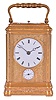 France, hour repeating carriage clock, engraved, gilt Gorge case with beveled glasses, the back door also with engraving and shuttered apertures for winding and setting, white enamel dial with gilt, engraved mask, blued steel Breguet style hands, 8 day time and strike and alarm movement with lever platform, repeating the hours on demand