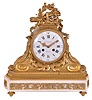 France, a marble and gilt bronze mantel clock, white marble base on gilt feet with recessed panels containing gilt, foliate ornament, the upper section with gilt, acanthus decorated scrolls supporting the cylindrical case, and surmounted by a trophy incorporating a bow, arrows, quiver, and torch, encircled by a laurel wreath, Roman numeral white enamel dial signed "Causard Her. Du Roy A Paris", gilt Louis XV style hands, 8 day time and strike pendule de Paris movement