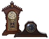 Clocks- 2 (Two): (1) E. N. Welch Clock Co., Forrestville, Conn., "Dolaro" shelf clock with an 8 day spring driven time and strike movement in a black walnut case, c1885. (2) New Haven Clock Co., New Haven, Conn., unidentified tambour clock with an 8 day spring driven time and Westminster strike movement in a mahogany case, c1930.