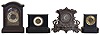 Clocks- 4 (Four): (1) French, 8 day, spring brass movement mantel clock, c1890 (2) Nicholas Muller, New York, 8 day, time and strike spring brass movement cast spelter front mantel clock, c1874 (3) French, 8 day, spring brass movement mantel clock, c1890 (4) German, Junghans, 8 day, time and strike spring brass movement Westminster chime mantel clock, c1900
