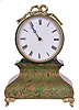 France, desk clock, ebonized case with bombe base on case feet supporting a drumhead case with cast, bowknot ornament, front of base with underpainted horn veneer and brass inlay, Roman numeral glossy card stock dial, blued steel Breguet style hands, 8 day timepiece movement