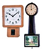 Clocks- 3 (Three): (1) Seth Thomas Clock Co., Thomaston, Conn., "Assembly 3", 8 day, spring brass movement wall timepiece, c1940 (2) Massachusetts Patent or banjo timepiece case, c1840; (3) The Prentiss Clock Improvement Co., New York, time only gallery wall clock in square oak case