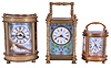 Carriage clocks- 3 (Three), made in China, all with brass cases set with enamel decorated panels, 8 day time only movements, late 20th century