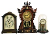 Clocks- 3 (Three): (1) Korean, 8 day, time and strike spring brass movement copy of an Ansonia "Monarch", c1980 (2) German, Mueller & Co., 8 day, time, strike and Westminster chime spring brass movement bracket clock, c1925 (3) Barr Manufacturing Co. Weedsport, New York, "Executive Model", battery timepiece under dome, c1937