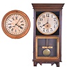 Clocks- 2 (Two): (1) Sessions Clock Co., Forestville, Conn., 8 day, time and strike spring brass movement calendar gallery clock. (2) Sessions Clock Co., Forestville, Conn., "Regulator E", 8 day, spring brass movement wall timepiece.