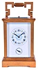 France, hour repeating carriage clock, gilt Anglaise case with bevelled glasses, Roman numeral enamel dial with faux cartouches, and Arabic alarm chapter below, blued steel distaff style hands, 8 day time, strike, and alarm movement with lever platform, repeating the hour on demand