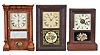 Clocks- 3 (Three): (1) Seth Thomas Clock Co., Thomaston, Conn., "Column" shelf clock with a spring driven 8 day time and strike lyre movement in a rosewood veneered case., c1885. (2) Seth Thomas Clock Co., Thomaston, Conn, "Kitchen" shelf clock with an 8 day spring driven time and strike lyre movement in a rosewood veneered case, c1880. (3) Seth Thomas Clock Co., Thomaston, Conn. shelf clock with a spring driven 8 day time, strike and alarm movement in a rosewood case, c1910.