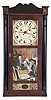 Silas Hoadley, Plymouth, Conn., Tall mahogany veneered case shelf clock with stenciled columns and splat. 30 hour weight driven time, strike and alarm "upside down" wood works movement with "Franklin Clocks" label.