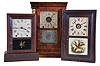 Clocks- 3 (Three): (1) Chauncey Jerome, New Haven, Conn. empire shelf clock with a spring driven 8 day time, strike and alarm movement in a rosewood veneered case with decorative gilt half columns, c1850. (2) Seth Thomas Clock Co., Thomaston, Conn., Cottage shelf clock with a spring driven 8 day time and strike movement in a rosewood veneered case, c1900. (3) Seth Thomas Clock Co., Thomaston, Conn. "Kitchen" shelf clock with a spring driven 8 day time, strike and alarm movement in a rosewood case, c1890.