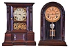 Clocks- 2 (Two): (1) Atkins Clock Co., Bristol, Conn., "London Model", 8 day, time and strike spring brass movement shelf clock, c1865 (2) Atkins Clock Co., Bristol, Conn., Centennial 8 day, time and strike spring brass movement shelf clock, c1873