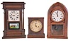 Clocks- 5 (Five): (1) Waterbury Clock Co., Waterbury, Conn., 30 hour, time and strike spring brass movement sharp gothic or steeple clock, c1875 (2) Chauncey Boardmand, Bristol, Conn., 30 hour, time and strike spring brass fusee- spring movement round gothic or beehive shelf clock, c1850 (3) Chauncey Jerome, New Haven, Conn., 8 day, spring brass lever movement shelf clock with ripple molding, c1850 (4) Unknown, 8 day, time and strike spring brass movement dwarf 4- column shelf clock, c1845. (5) Waterbury Clock Co, Waterbury, Conn., 30 hour, spring brass movement cottage timepiece, c1870
