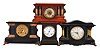 Clocks- 4 (Four): Mixed lot of two Seth Thomas Clock Co., 8 day, time and strike spring brass movement mantel clocks in Adamantine cases, one Seth Thomas Clock Co. mantel clock in Adamantine case, but with a battery movement and one Seth Thomas Clock Co. "Turin", 8 day, time and strike spring brass movement mantel clock in oak case, c1913