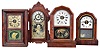 Clocks- 4 (Four): (1) Seth Thomas, Thomaston, Conn., "Round Band", 8 day, time, strike and alarm spring brass movement shelf clock, c1870 (2) E. N. Welch Mfg. Co., Forestville, Conn., 8 day, time and strike spring brass movement shelf clock, c1880 (3) The Terry Clock Co., Waterbury, Conn., 8 day, time, strike and alarm spring brass movement shelf clock, c1870 (4) Seth Thomas, Thomaston, Conn., "Richmond" 8 day, time, strike and alarm spring brass movement city series shelf clock, c1880