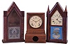 Clocks- 3 (Three): (1) Forestville Mfg. Co., (J.C. Brown), Forestville, Conn., 8 day, time and strike spring brass movement shelf clock. (2) William S. Johnson, New York, 30 hour, time and strike fusee- spring brass movement Sharp Gothic or steeple clock. (3) Forestville Mfg. Co., (J.C. Brown), Forestville, Conn., Ripple molding Sharp Gothic or steeple case.