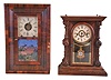 Clocks- 2 (Two): (1) New Haven Clock Co., New Haven, Conn., 8 day, time and strike spring brass movement miniature OOG shelf clock, c1870 (2) Welch, Spring & Co., Forestville, Conn., "Cary, V.P.", 8 day, time and strike spring brass movement shelf clock, c1880