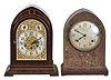 Clocks- 2 (Two): (1) Seth Thomas Clock Co., Thomaston, Conn., "Chime Clock No. 70", 8 day, time and strike spring brass movement chime clock, c1928 (2) Seth Thomas Clock Co., Thomaston, Conn., "Chime Clock No. 64", 8 day, time and strike spring brass movement 5- bell Sonora Chime mantel clock, c1914. This clock measures the same size as the number 64, but has a nice pierced brass front inlayed with burl walnut.