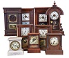 Clocks- 9 (Nine): (1) Seth Thomas Clock Co., Thomaston, Conn., shelf clock with a 30 hour spring driven time and strike movement in a rosewood case, c1890. (2) Ansonia Brass Co., New York, NY, shelf clock with an 8 day spring driven time and strike movement in a rosewood case, c1870. (3) E. N. Welch Mfg. Co., Forestville, Conn., miniature OG shelf clock with a spring driven 30 hour time, strike and alarm movement in a mahogany veneered case, c1880. (4) Seth Thomas Clock Co., Plymouth Hollow, Conn. half column shelf clock with a 30 hour spring driven time and strike movement. c 1855. (5) Sessions Clock Co., Forestville, Conn. shelf clock with a spring driven 8 day time and strike movement in a oak case, c1920. (6) E. N. Welch Clock Co., Forestville, Conn. shelf clock with a spring driven 8 day time, strike and alarm movement in a walnut case, c1890. (7) Unidentified half column clock case with no movement, c1860. (8) E. N. Welch Mfg. Co., Forestville, Conn. cottage shelf clock with a 30 hour spring driven time and alarm movement in a rosewood case, c1870. (9) Seth Thomas Clock Co., Thomaston, Conn., white shelf clock in Adamantine case with a spring driven 8 day time and strike movement, c1910.