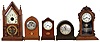 Clocks- 5 (Five): (1) German shelf clock with a spring driven 8 day time and strike movement in a walnut case with inlay, c1910. (2) Unmarked shelf clock with a spring driven 30 hour time and strike movement in a walnut case, c1900. (3) E. N. Welch Mfg. Co., Forestville, Conn. Steeple Clock (case only). (4) Vermont Clock Co., Fairhaven, VT, shelf clock with a spring driven 8 day time and strike movement with a balance wheel escapement in a mahogany veneered case with inlay, c1910. (5) Seth Thomas Clock Co., Thomaston, Conn, "Rival" shelf clock with a spring driven 8 day time and half hour strike movement in an adamantine case, c1920.