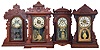 Clocks- 4 (Four): (1) E. Ingraham & Co., Bristol, Conn., "Sun", 8 day, time, strike and alarm spring brass movement shelf clock, c1891 (2) Waterbury Clock Co., Waterbury, Conn., 8 day, time, strike and alarm brass movement shelf clock, c1885 (3) New Haven Clock Co., New Haven, Conn., "Arno", 8 day, time and strike spring brass movement shelf clock, c1883 (4) Seth Thomas Clock Co., Thomaston, Conn., 8 day, time, strike and alarm spring brass movement shelf clock, c1880