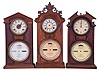 Clocks- 3 (Three): (1) Ithaca Calendar Clock Co., Ithaca, New York, "No. 8 Shelf Library", 8 day, time and strike spring brass movement double dial calendar clock. (2) Ithaca Calendar Clock Co., Ithaca, New York, "No. 7 Shelf Cottage", 8 day, time and strike double dial calendar clock. (3) Ithaca Calendar Clock Co., Ithaca, New York, "No. 8, Shelf Library", 30 day, time spring brass movement double dial calendar clock.