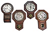 Clocks- 4 (Four): (1) Sessions Clock Co., Forestville, Conn., "Clinton", 8 day, spring brass movement drop octagon wall timepiece, c1908 (2) Ansonia Clock Co., New York, NY, 8 day, spring brass movement drop octagon wall timepiece, c1910 (3) Anglo-American, 8 day, time and strike spring brass movement long drop wall clock, c1900 (4) William L. Gilbert Clock Co., Winsted, Conn., "Admiral", 8 day, spring brass movement drop octagon calendar wall timepiece, c1910