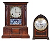 Clocks- 2 (Two): (1) Seth Thomas Clock Co., Thomaston, Conn., 8 day, time and strike spring brass movement beehive mantel clock, c1910 (2) Atkins Clock Co., Bristol, Conn., "London model" 8 day, time and strike spring brass movement shelf clock, c1865