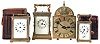 Clocks- 4 (Four), three carriage clocks, two with 8 day time and strike, hour repeating movements, one a timepiece with alarm, and a miniature lantern clock style desk clock with 8 day time and strike movement