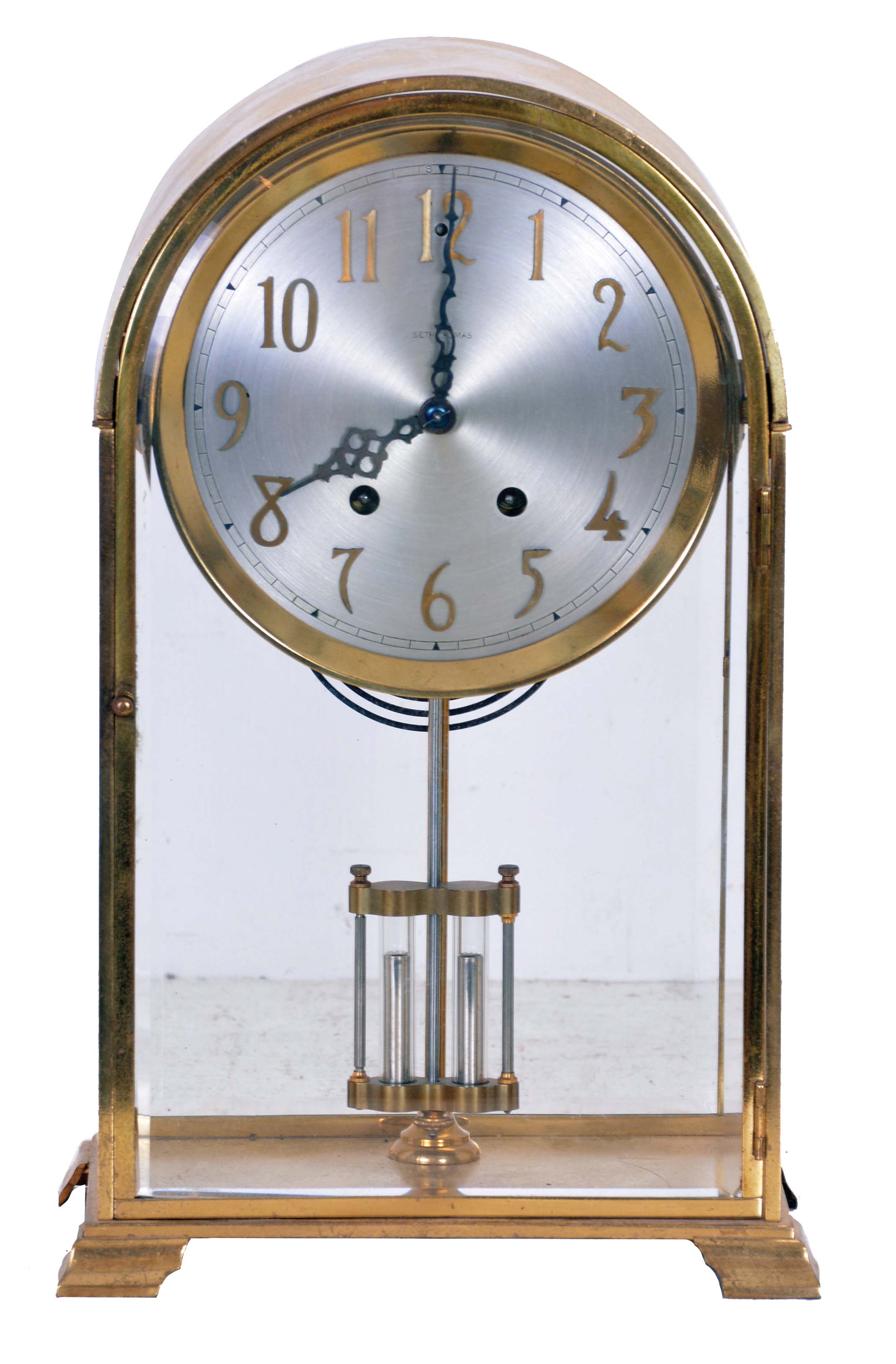 Seth Thomas Clock Co., Thomaston, Conn., "Crystal Doric No. 2", 15 day, time and strike spring driven movement crystal regulator — Antique Clocks Price Guide