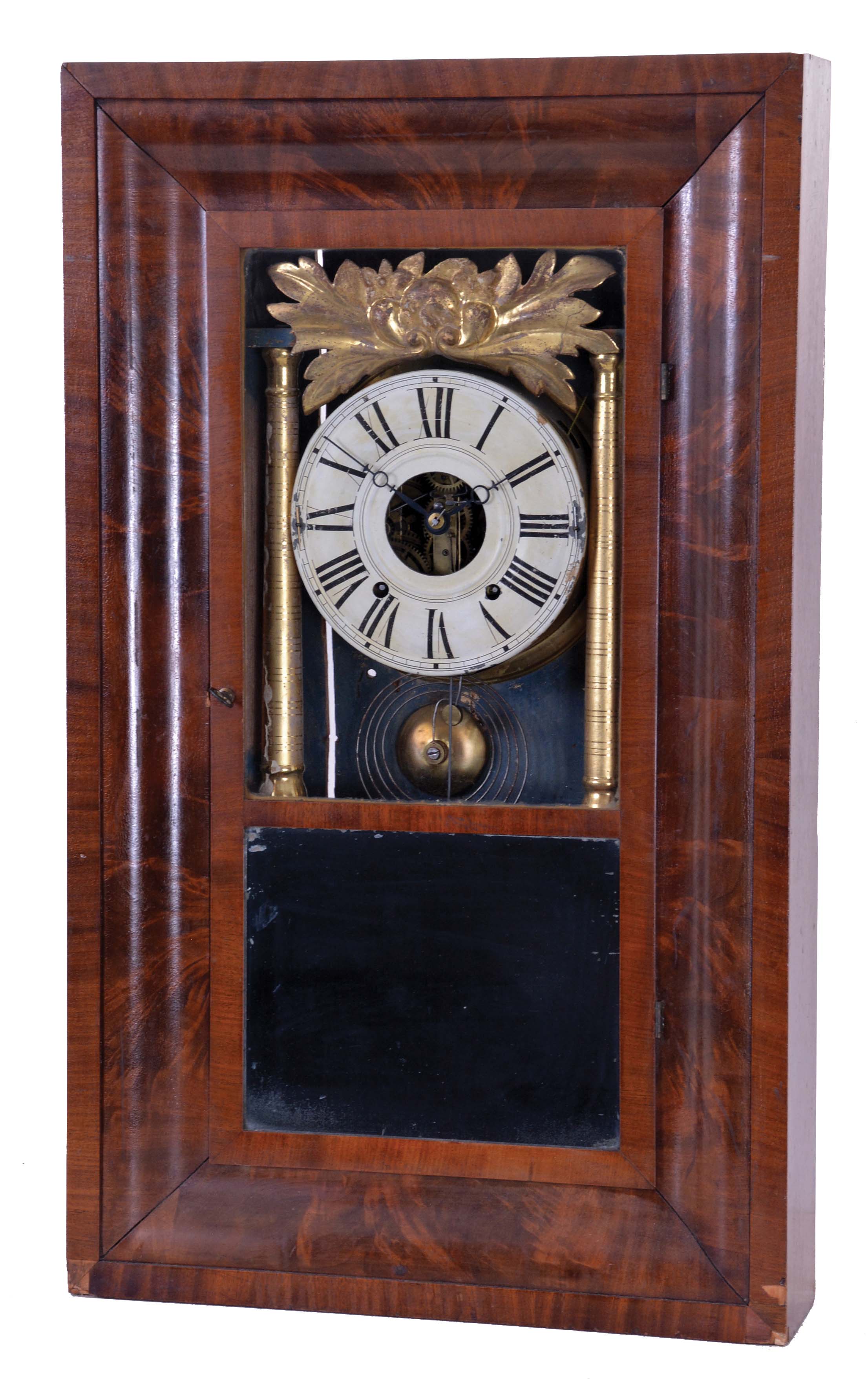 Hills, Goodrich &amp; Co., Plainville, Conn., 8 day, time and strike, weight driven brass movement OG shelf clock with a partial overpasted J. J. Beals, Boston label. The movement was designed by Joseph Ives. — Antique Clocks Price Guide