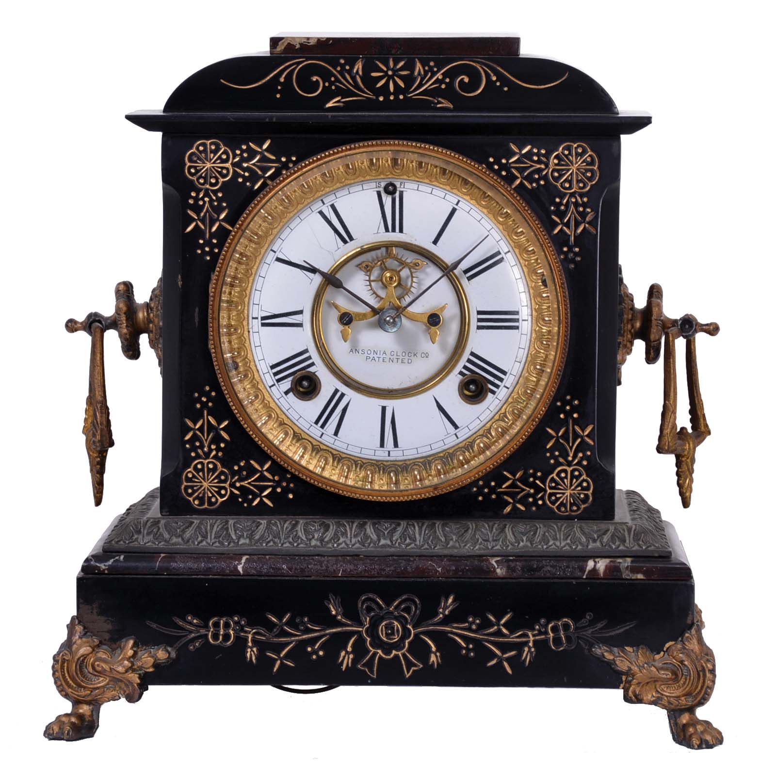 Ansonia Clock Co., New York, NY, "St. Clair", 8 day, time and strike spring driven movement enameled iron case mantel clock. — Antique Clocks Price Guide