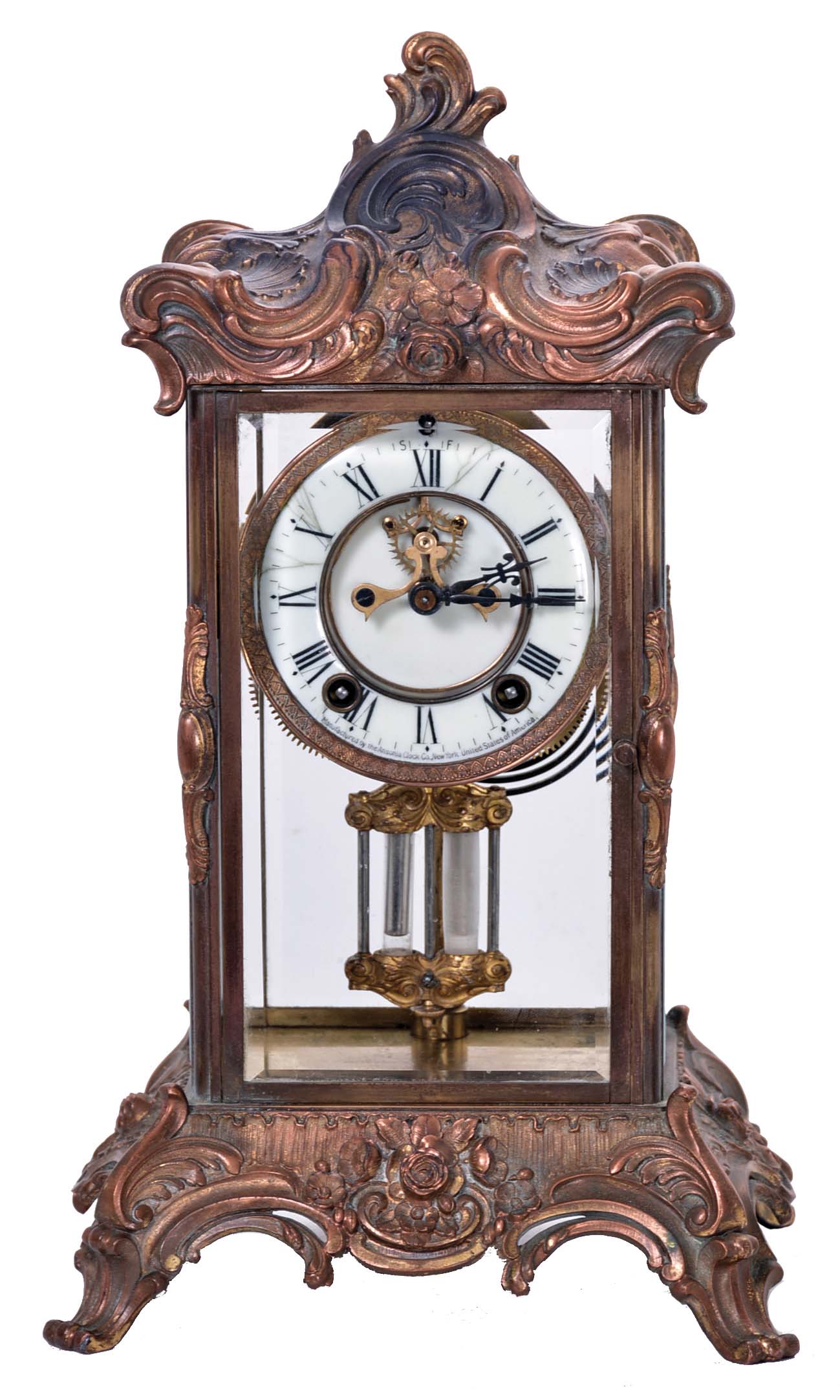 Ansonia Clock Co., New York, NY, "Zenith", 8 day, time and strike spring driven movement crystal regulator mantel clock. — Antique Clocks Price Guide