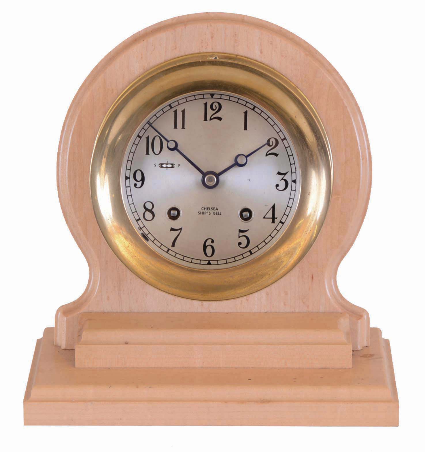 Chelsea Clock Co., Boston, Mass., 8 day, spring driven movement ship's bell clock mounted on a birdseye maple stand made by a Mr. Hulseberg. Serial No. 843259, 1982. — Antique Clocks Price Guide