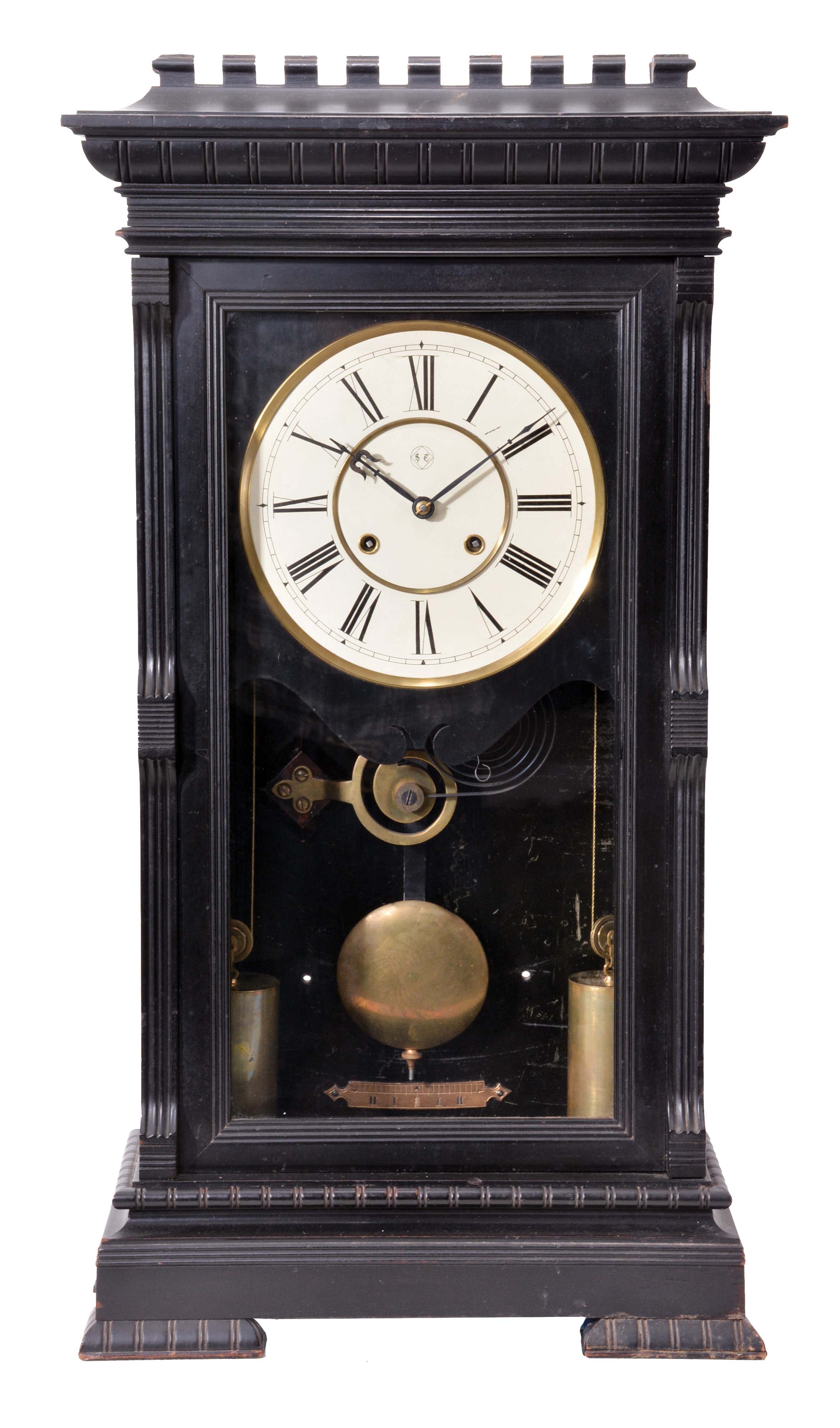 Seth Thomas Clock Co., Thomaston, Conn., "Garfield" shelf clock with an eight day weight driven time and strike (cathedral gong) movement in an ebony finished case. — Antique Clocks Price Guide