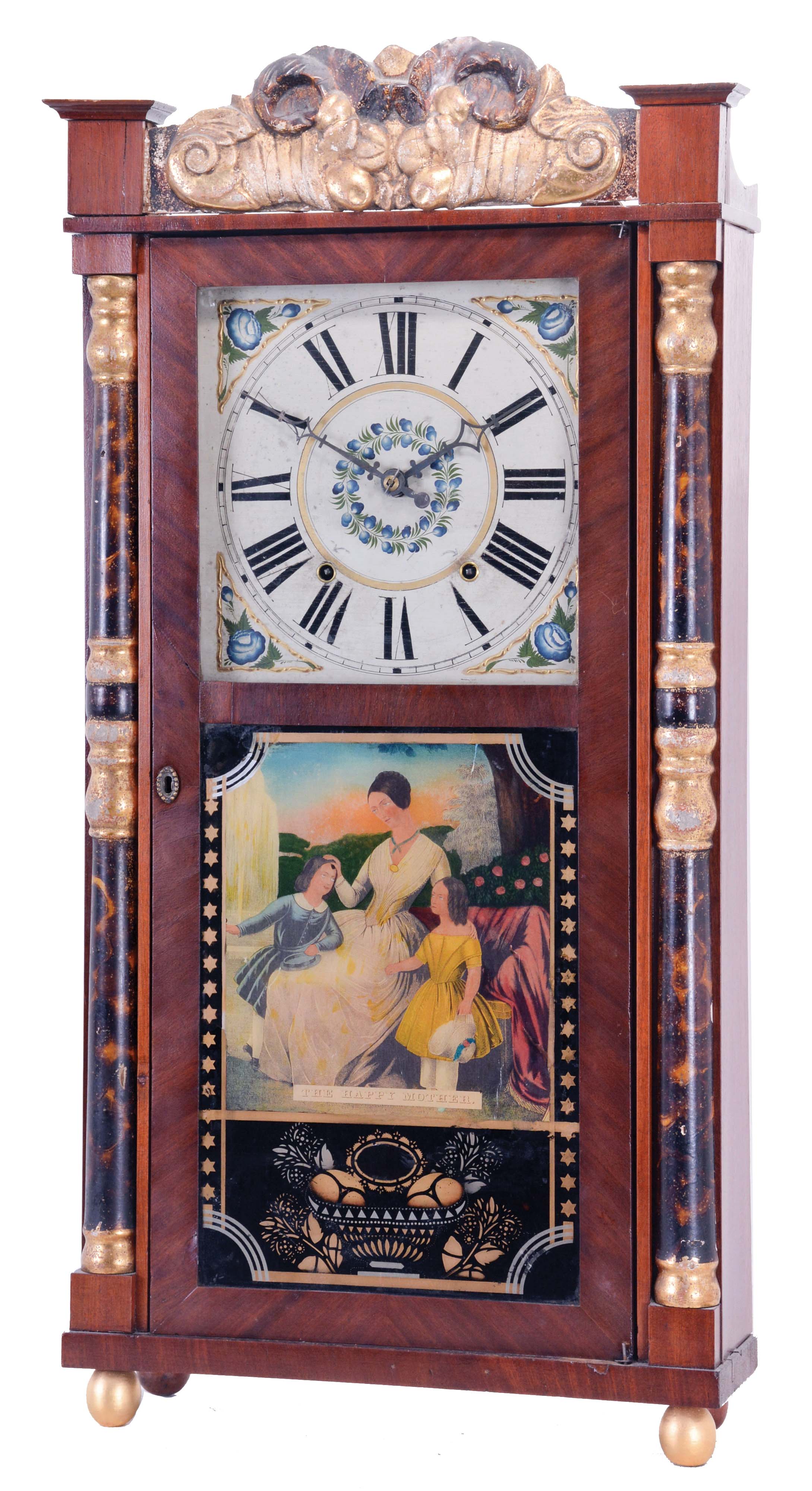 P (hilip) Barnes &amp; Co., Bristol, Conn., 30 hour, time and strike weight wood movement half column &amp; splat shelf clock. — Antique Clocks Price Guide