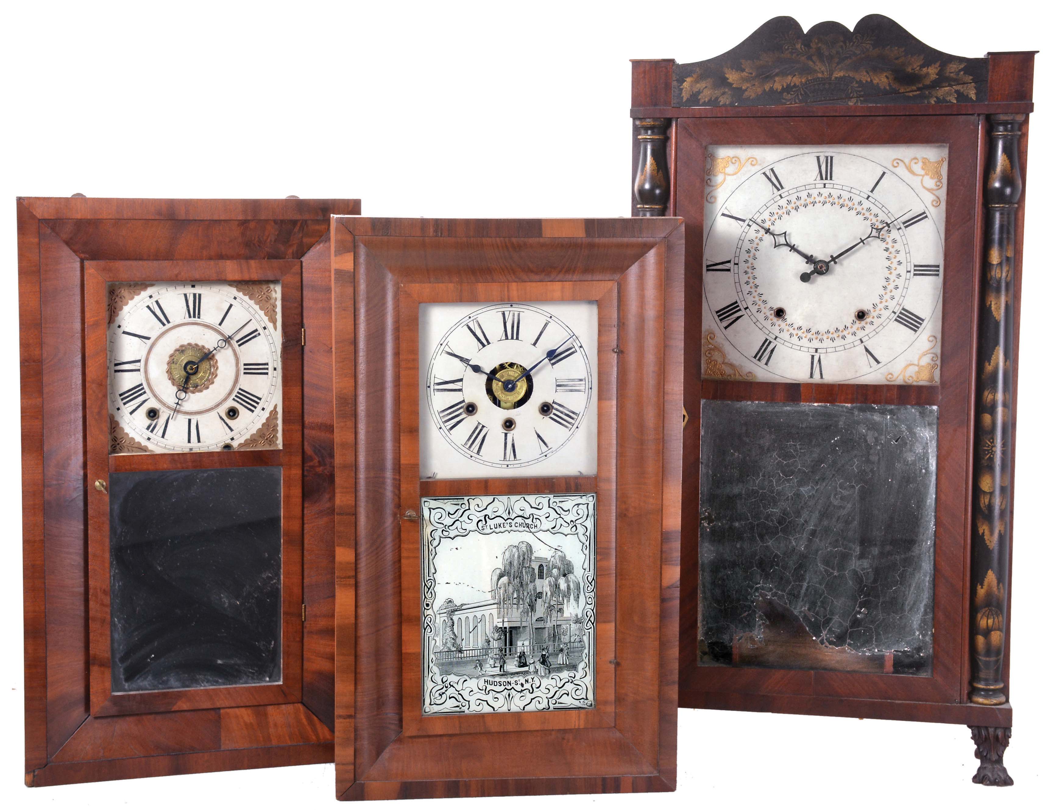 Clocks- 3 (Three): (1) E. Terry &amp; Sons, Plymouth, Conn. 30 hour, time and strike weight wood movement half column &amp; splat shelf clock, c1828; (2) Wells, Forbes, Bristol, New Hampshire, 30 hour, time, strike and alarm weight wood movement bevel case shelf clock, c1842; (3) George Marsh, Winchester, Conn., 30 hour, time, strike and alarm weight driven, brass movement OG shelf clock, c1850 — Antique Clocks Price Guide