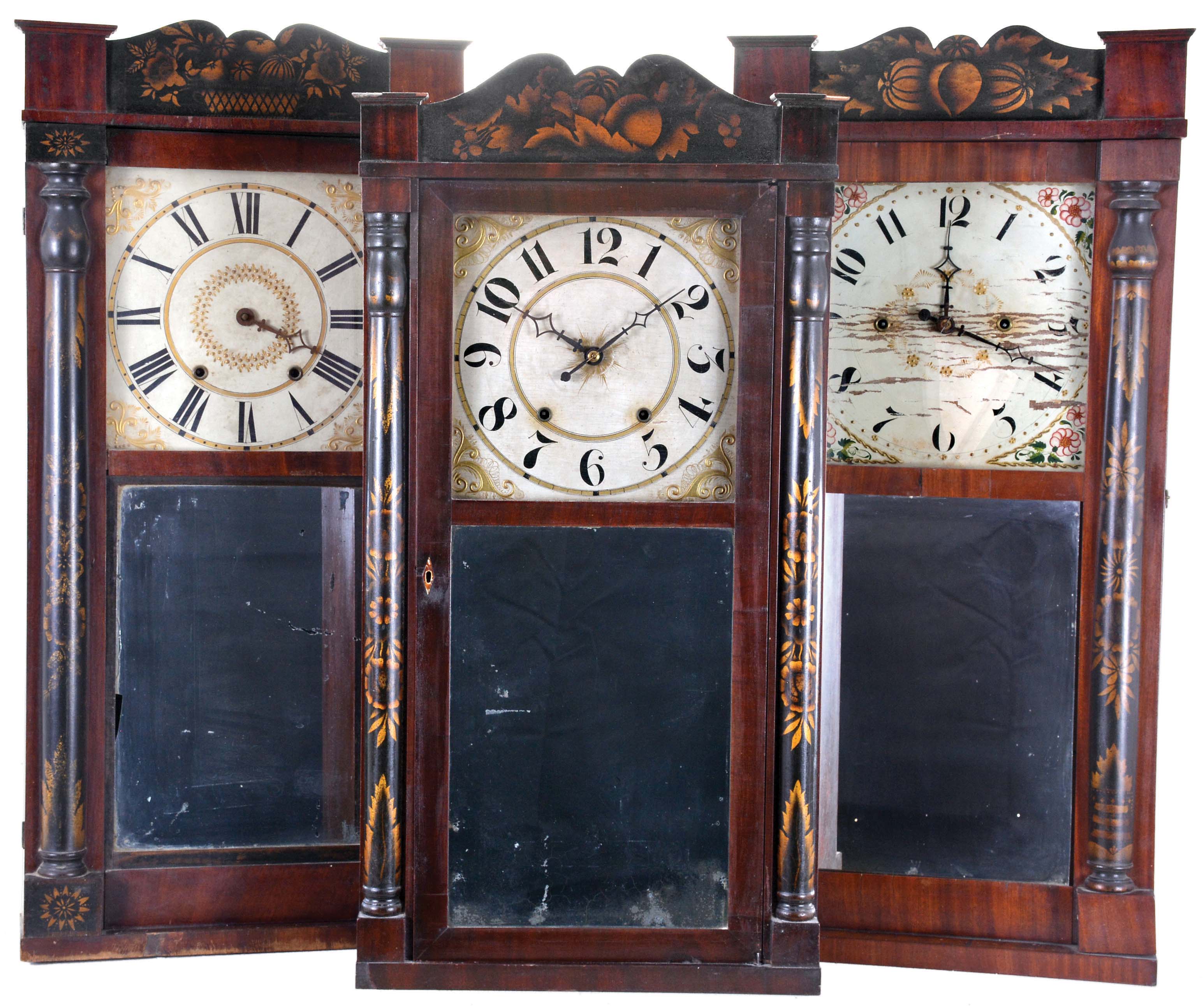 Clocks- 3 (Three): (1) Orrin Hart, Bristol, Conn., 30 hour, time and strike weight "groaner" wood movement half column &amp; splat shelf clock, c1830; (2) Jeromes &amp; Darrow, Bristol, Conn., 30 hour, time and strike weight wood movement half column &amp; splat shelf clock, c1830; (3) Unknown, Bristol, Conn., 30 hour, time and strike weight wood movement half column &amp; splat shelf clock, c1830 — Antique Clocks Price Guide