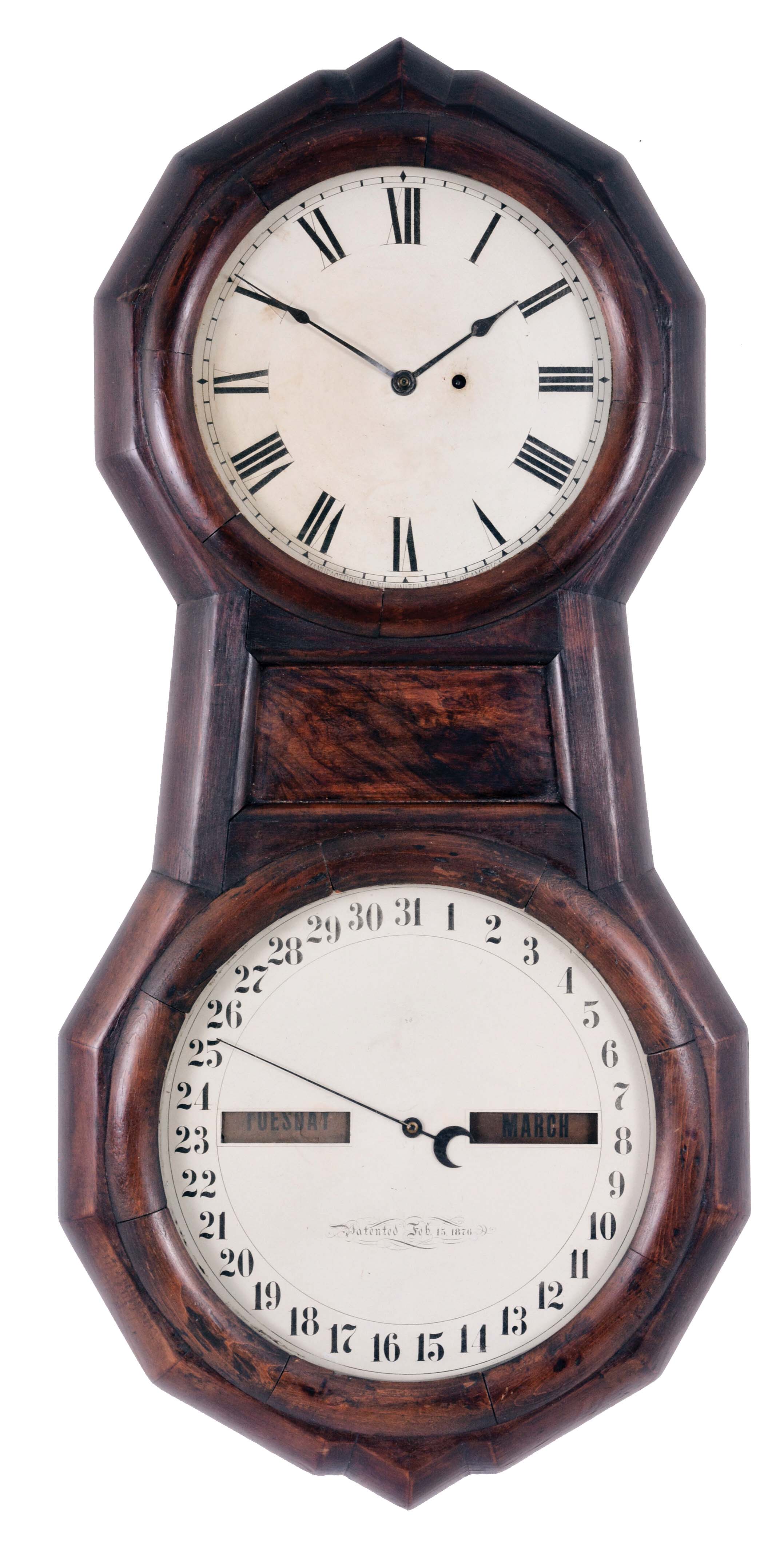 Seth Thomas Clock Co., Thomaston, Conn., "Office Calendar No. 1" wall clock with an 8 day weight driven time only movement and a Mix Brothers patent perpetual calendar mechanism in a rosewood veneered case. — Antique Clocks Price Guide
