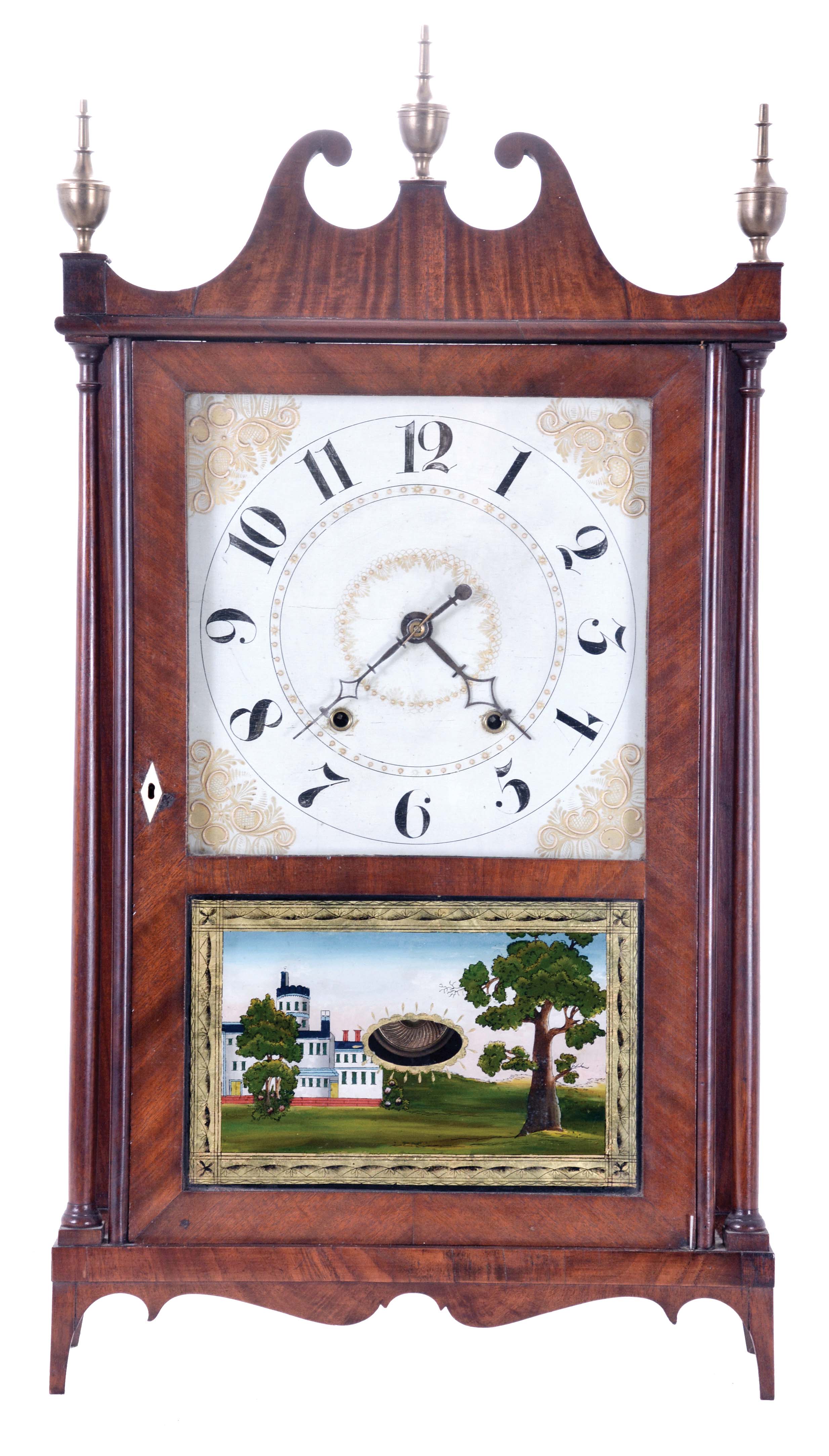 Ephraim Downs for George Mitchell, Bristol, Conn., 30 hour, time and strike weight wood movement pillar &amp; scroll shelf clock. — Antique Clocks Price Guide