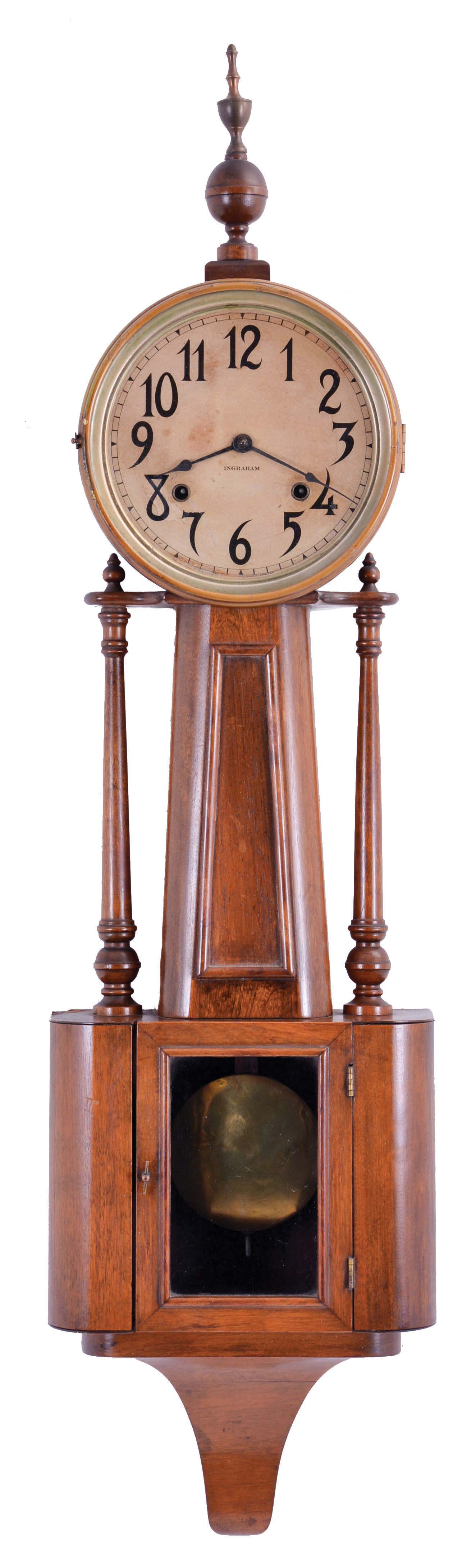 E. Ingraham &amp; Co., Bristol, Conn., "Nile" banjo clock with a spring driven, 8 day, time and strike movement in a mahogany case. — Antique Clocks Price Guide