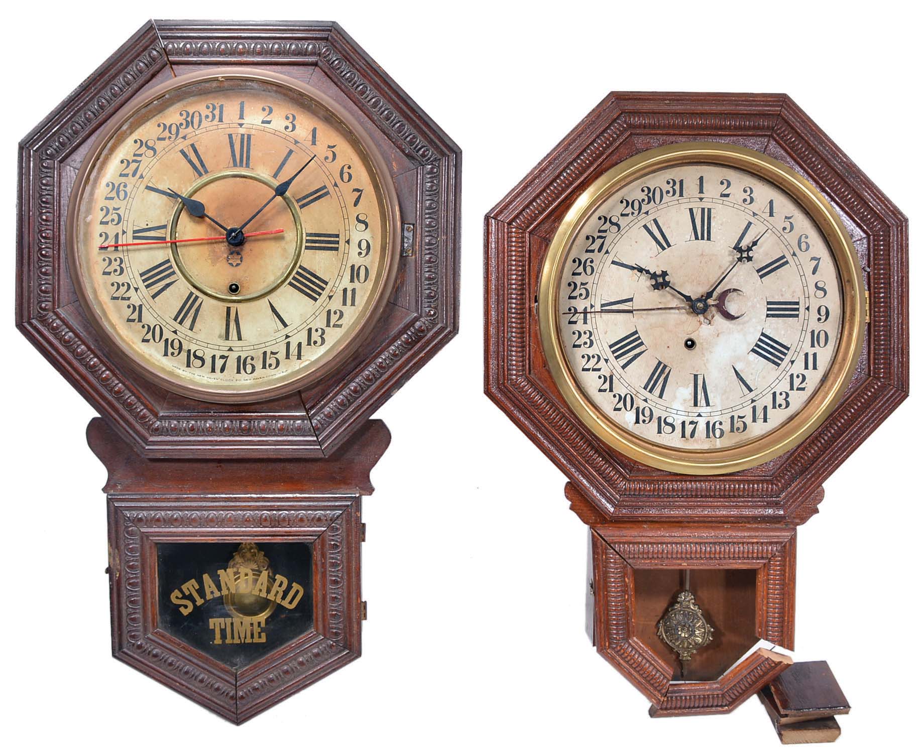 Clocks- 7 (Seven) American school house spring driven wall clocks including, Seth Thomas, New Haven with calendar, Welch "Axtell" with calendar, Ansonia, etc. and one Seth Thomas case and bezel only — Antique Clocks Price Guide