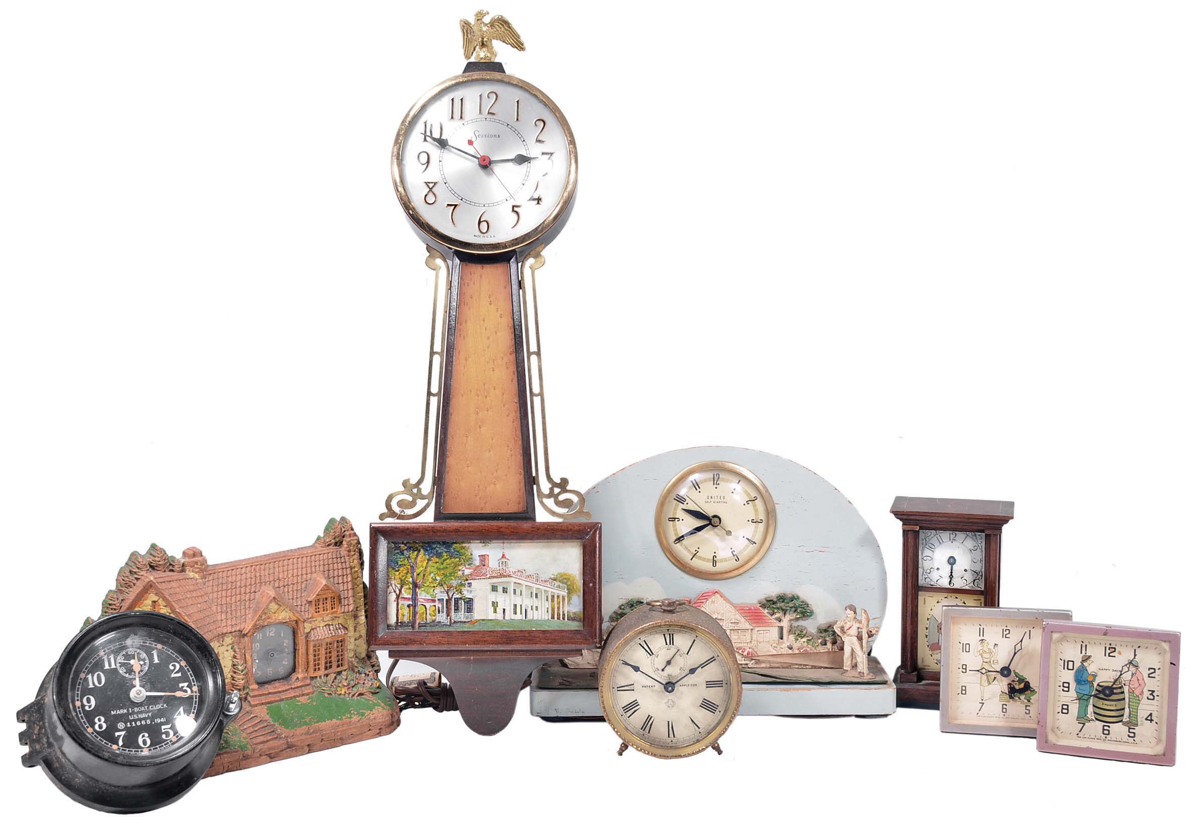 Clocks- 13 (Thirteen) Novelty including five Crusader wall clocks in the form of a coat of arms, two electric clocks, two animated Lux desk clocks, Deluxe Clock Co. New York "The Homestead", Seth Thomas Mark I wall clock and a Marlow &amp; Co. miniature reproduction and an Ansonia alarm. J.E. Coleman states that the "Crusader" wall clock was made by the Vermont Clock Company. Though unsigned, these clocks did come from a collection in Vermont so may represent that model. — Antique Clocks Price Guide