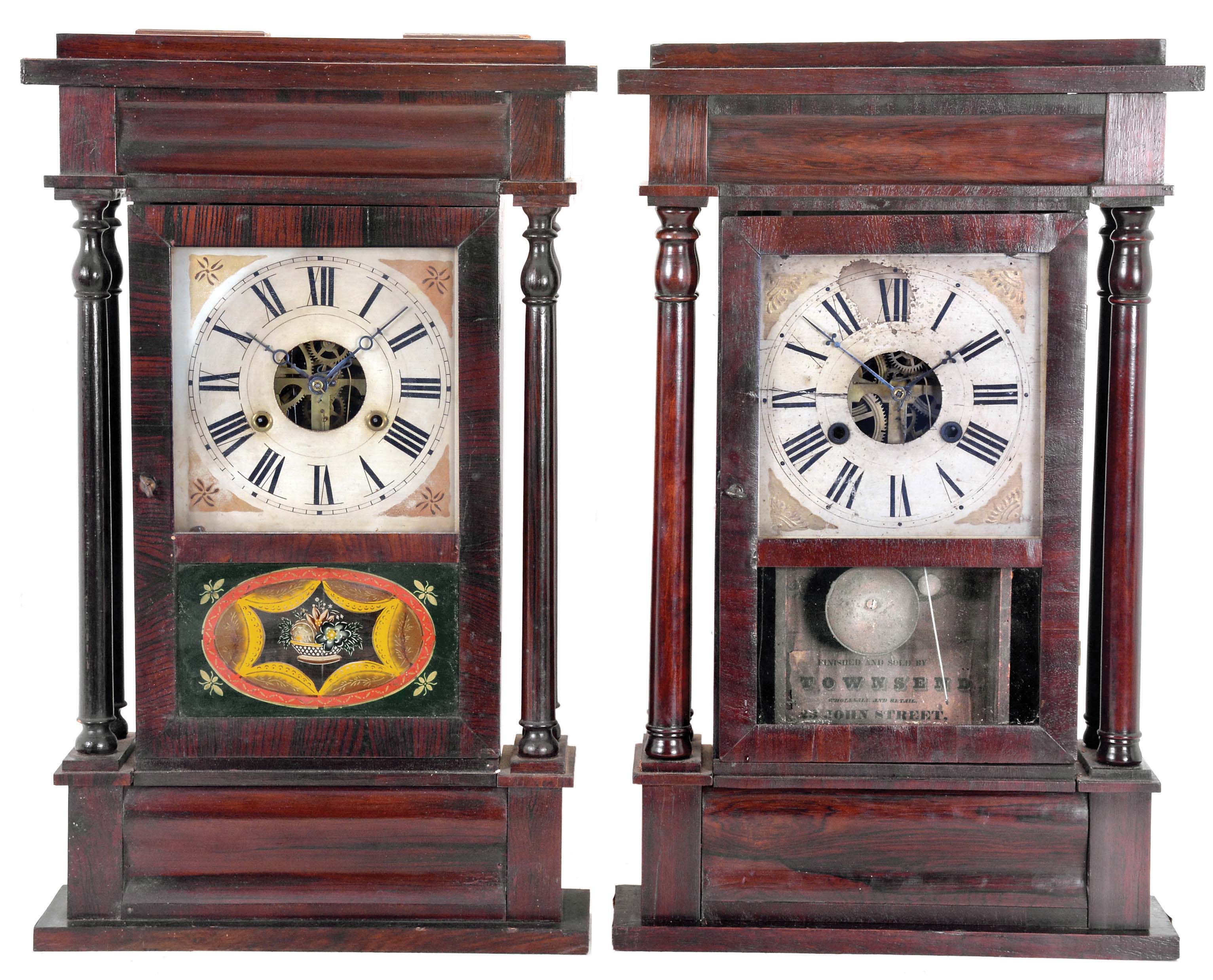 Clocks- 2 (Two): (1) Townsend, 23 John St., New York, 4 Column shelf clock with a 30 hour weight driven time and strike movement (Terry &amp; Andrews, Bristol, Conn.) in a NY Style case of mahogany and rosewood veneer, c1845; (2) Sperry &amp; Shaw, 10 Courtlandt St., New York, 4 Column shelf clock with a 30 hour weight driven movement in a NY style case of rosewood veneer and grain painted columns, c1845. — Antique Clocks Price Guide