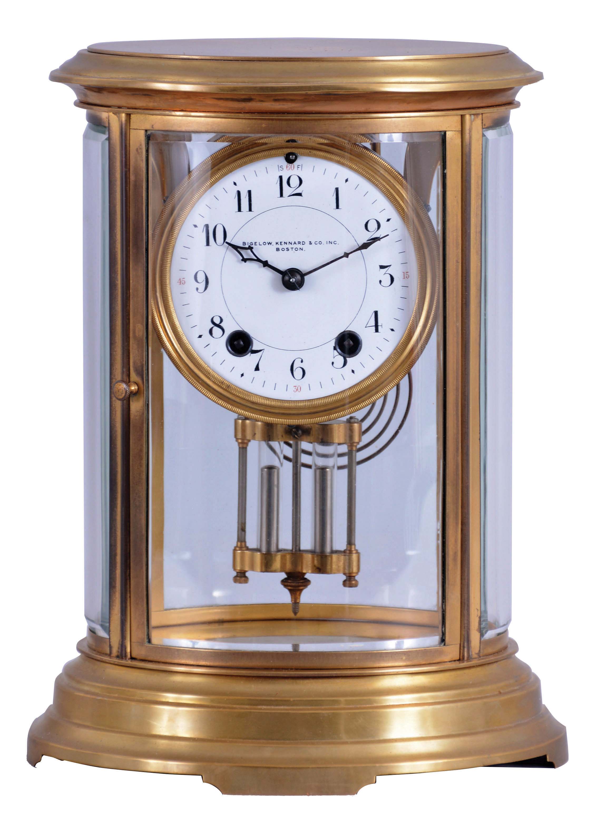 American, 8 day, time and strike spring driven movement crystal regulator mantel clock retailed by Bigelow, Kennard, &amp; Co., Boston., Maker unknown. — Antique Clocks Price Guide
