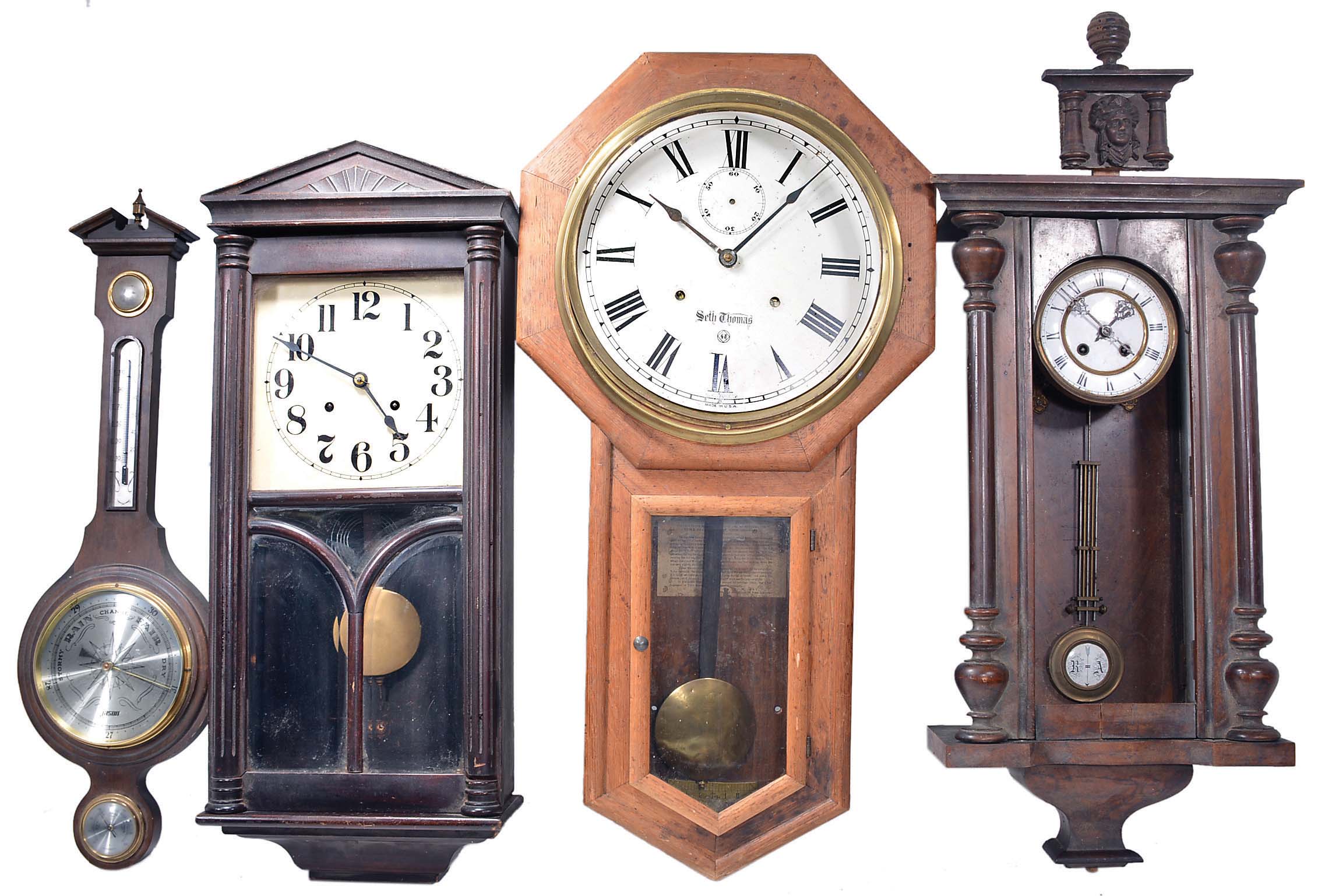 Clocks- 6 (Six) spring driven wall and one barometer: (1) Seth Thomas "World" 15 day duration; (2) German box clock time and strike; (3) German R/A time and strike; (4) Astral, Coventry English postal clock; (5) Seth Thomas lobby clock 15 day duration; (6) Welby German 20th century; (7) Aneroid barometer, mercury thermometer and hygrometer — Antique Clocks Price Guide