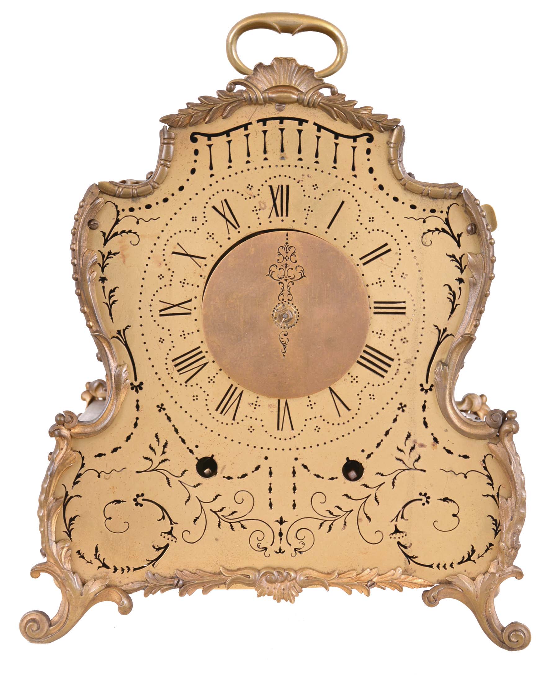 Switzerland, a late 18th century, quarter striking, "pendule veilleuse" or night clock, the gilt brass case with finely pierced trailing vine ornament, swags, and Roman numeral dial, the hand indicating the time a pierced disc mounted to the center arbor, the top with carrying handle and shuttered chimney, case front and back trimmed with cast foliate ornament, terminating in scroll feet, the interior with two oil lamp sockets, 8 day, quarter striking movement with verge escapement and silk thread suspension, indicating the quarter on two bells, inside of case door marked in crude script "Avril 1787" — Antique Clocks Price Guide