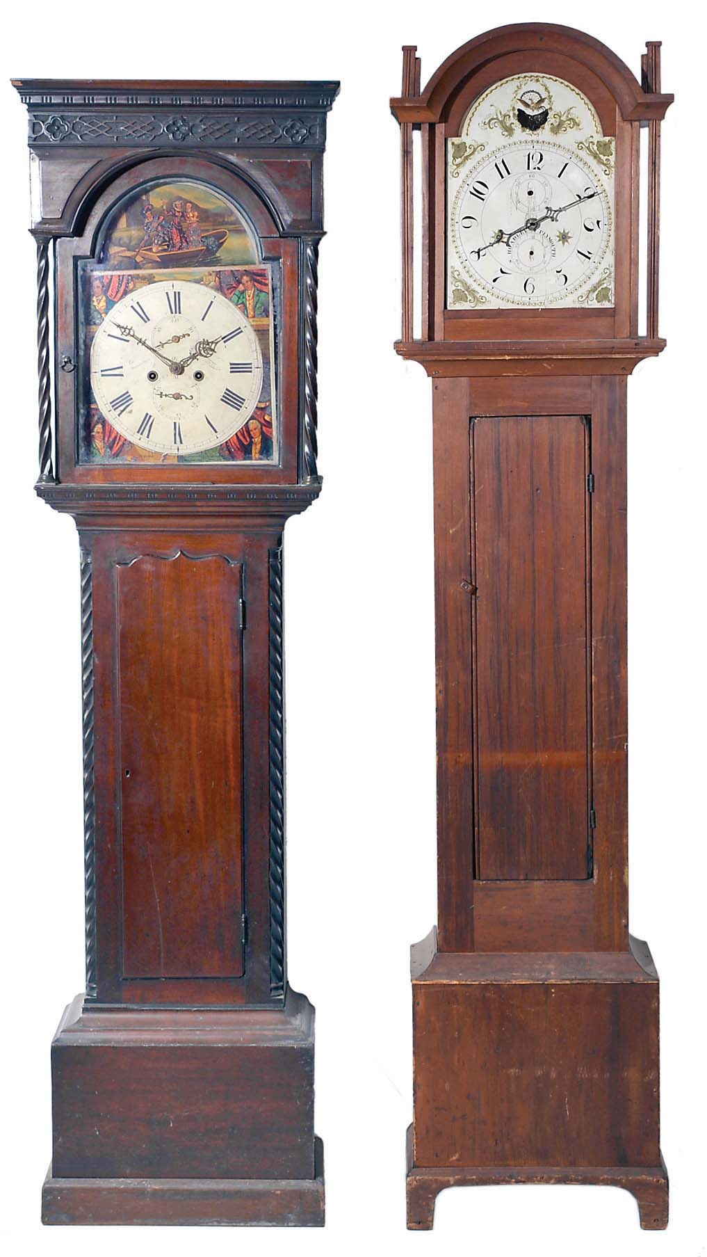 Tall Clocks- 4 (Four) and a tall clock case only: (1) English in a wide Yorkshire, short door case, the hood with mask for a 14" dial, 8 day movement with a 13" dial, c1840; (2) Monitor Clockworks mission style time only in oak; (3) S. Hoadley, Plymouth wooden works 30 hour, c1825; (4) Hutchinson, Douglas, Scottish in mahogany veneer case with Escape of Queen Mary" theme on dial including portraits of several famous Scottish poets, c1830; (5) English case only in walnut, c1850 — Antique Clocks Price Guide