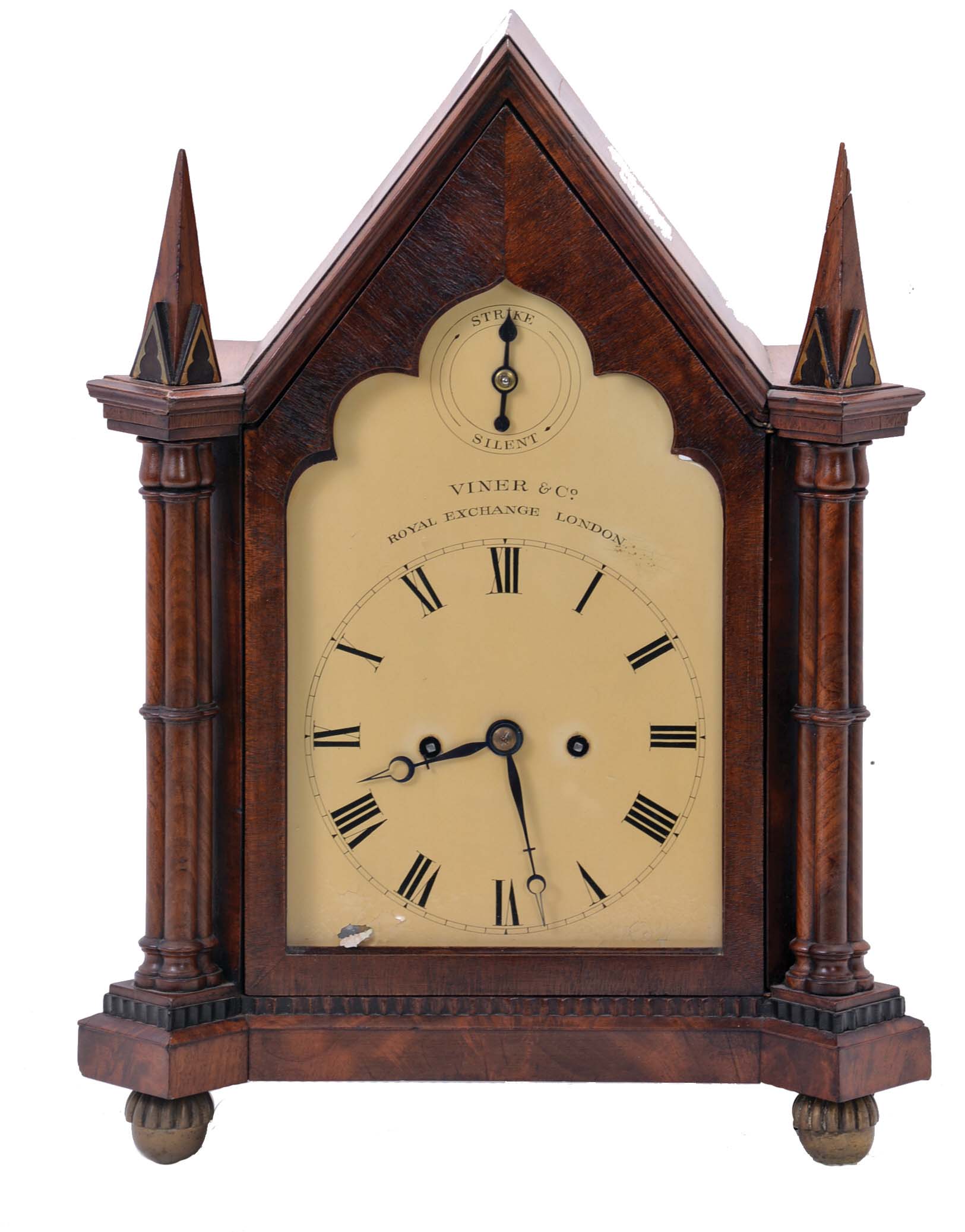 English, Viner &amp; Co., Royal Exchange, London, 8 day, time and strike spring fusee movement Gothic style bracket clock. — Antique Clocks Price Guide